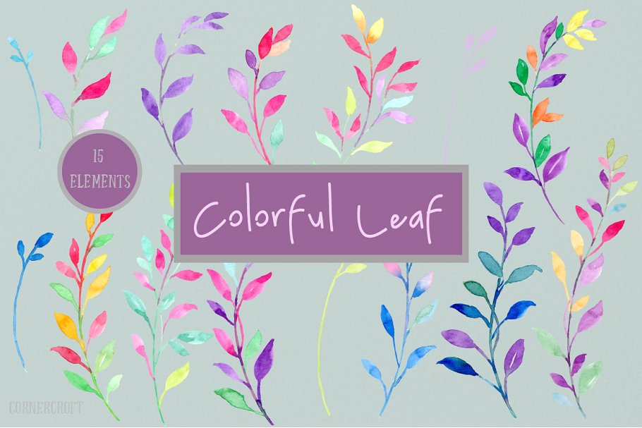 水彩树叶设计套装 Watercolour Colorful Leaf Design Kit插图(2)