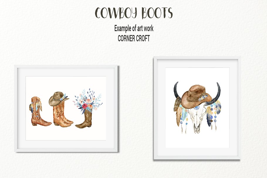 经典水彩牛仔靴剪贴画 Watercolor Cowboy Boots Illustration插图(5)