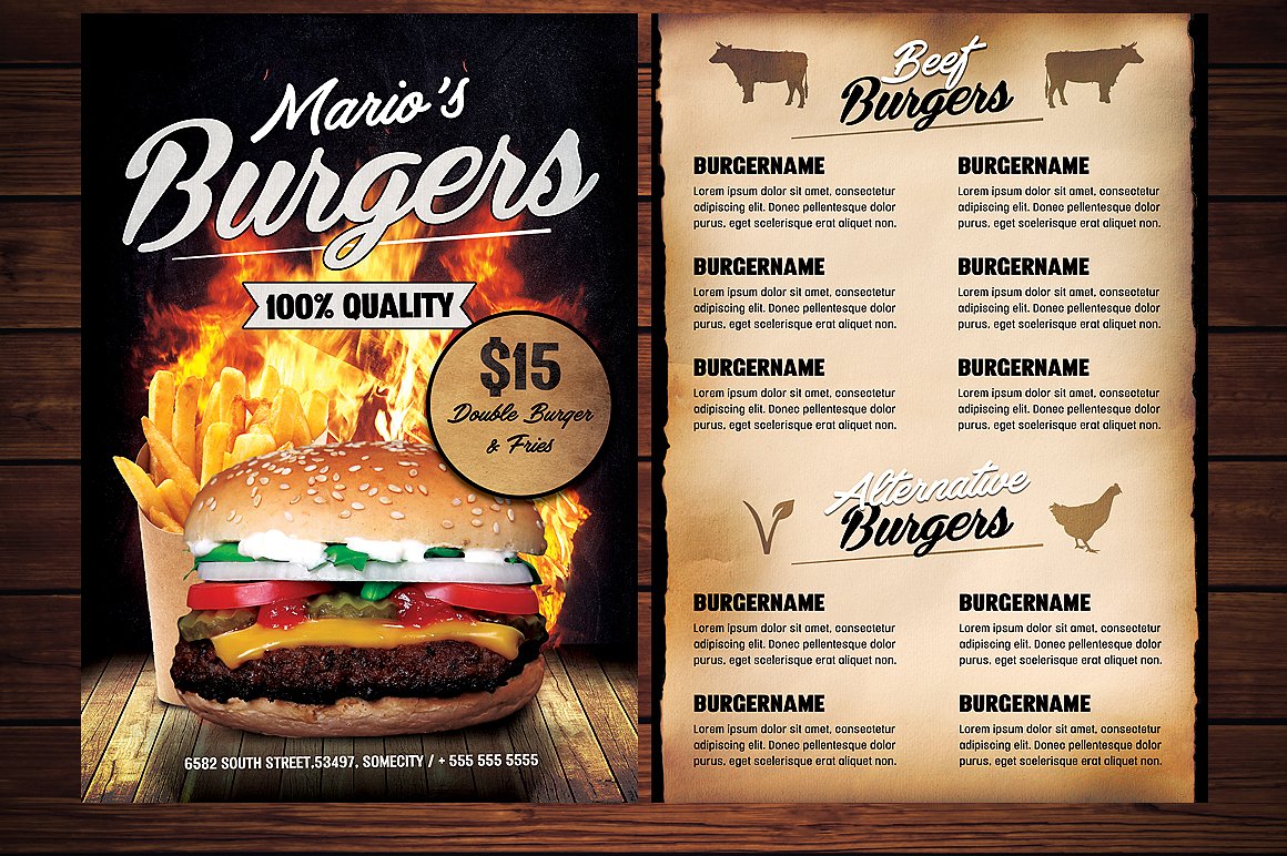 西式快餐食品汉堡菜单传单模板 Food Burger Menu Flyer插图