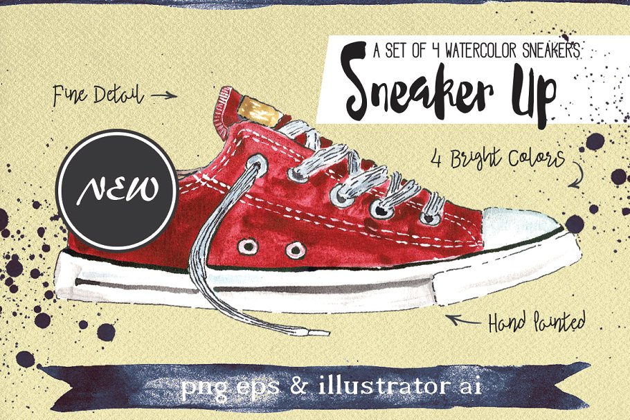 明亮的手绘水彩板鞋插画 Watercolor Sneakers + Bonus插图(1)