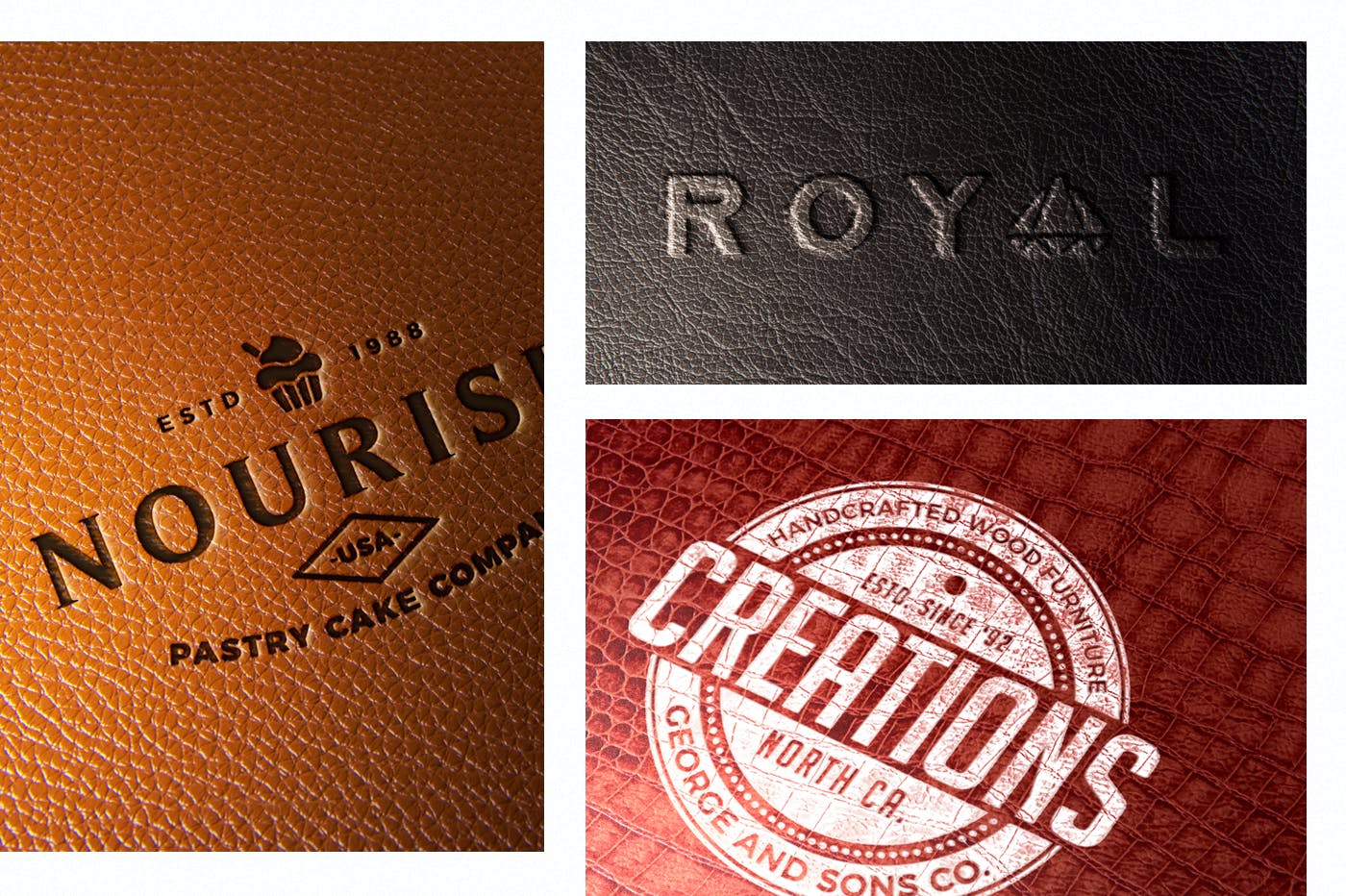 真皮材质品牌Logo设计压印效果图样机模板 Leather Branding logo mockups插图(1)