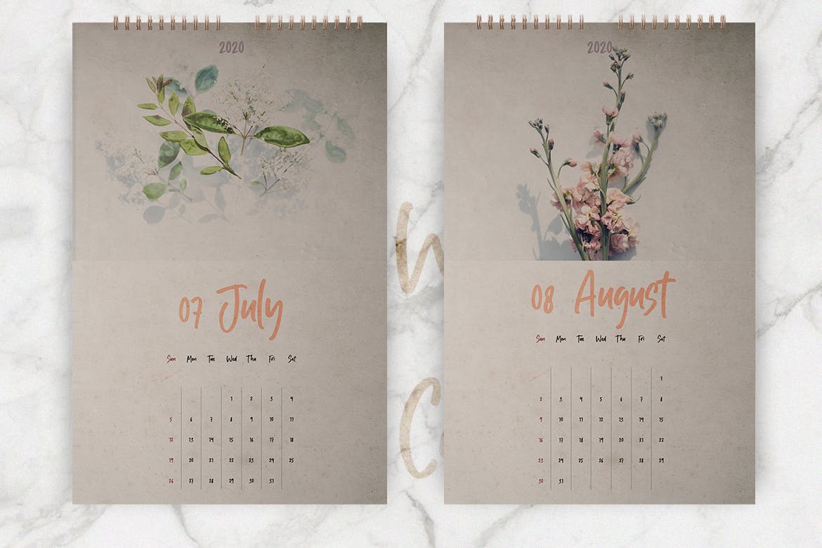 2020年植物花卉图案挂墙日历设计模板 Wall Calendar 2020 Layout插图(4)