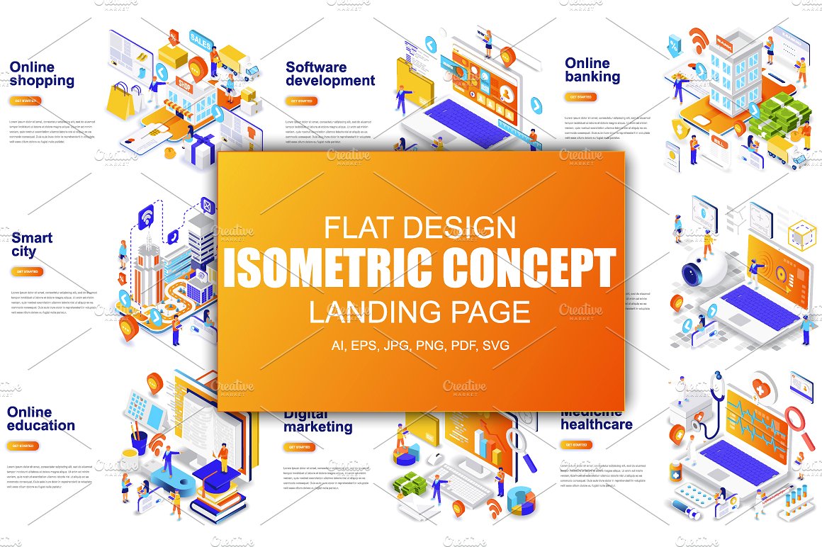 等距概念扁平风网站着陆页设计插画模板合集 Isometric Concept Flat Design插图