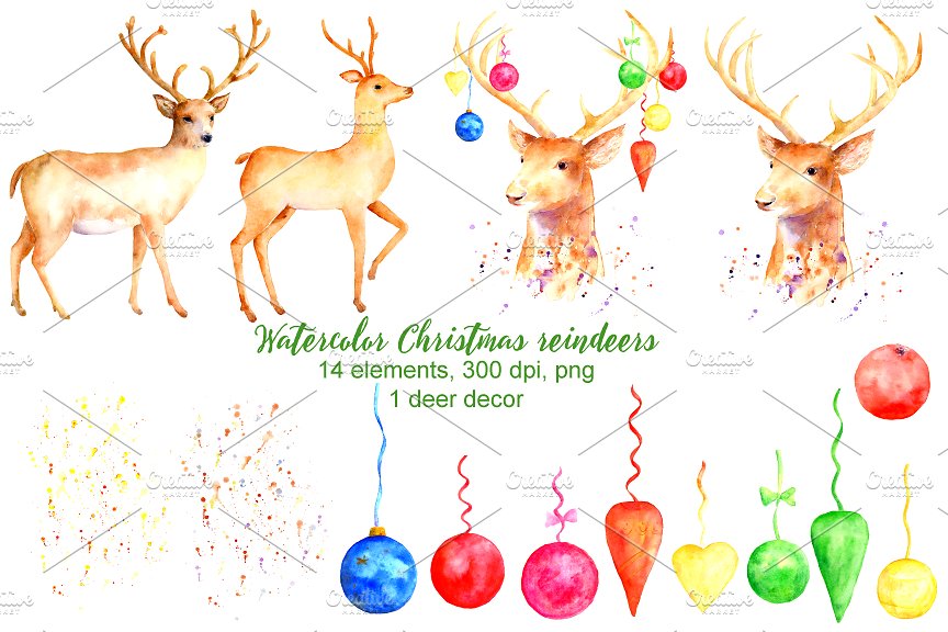 圣诞节驯鹿手绘水彩剪贴画 Christmas Reindeer Clipart插图(1)