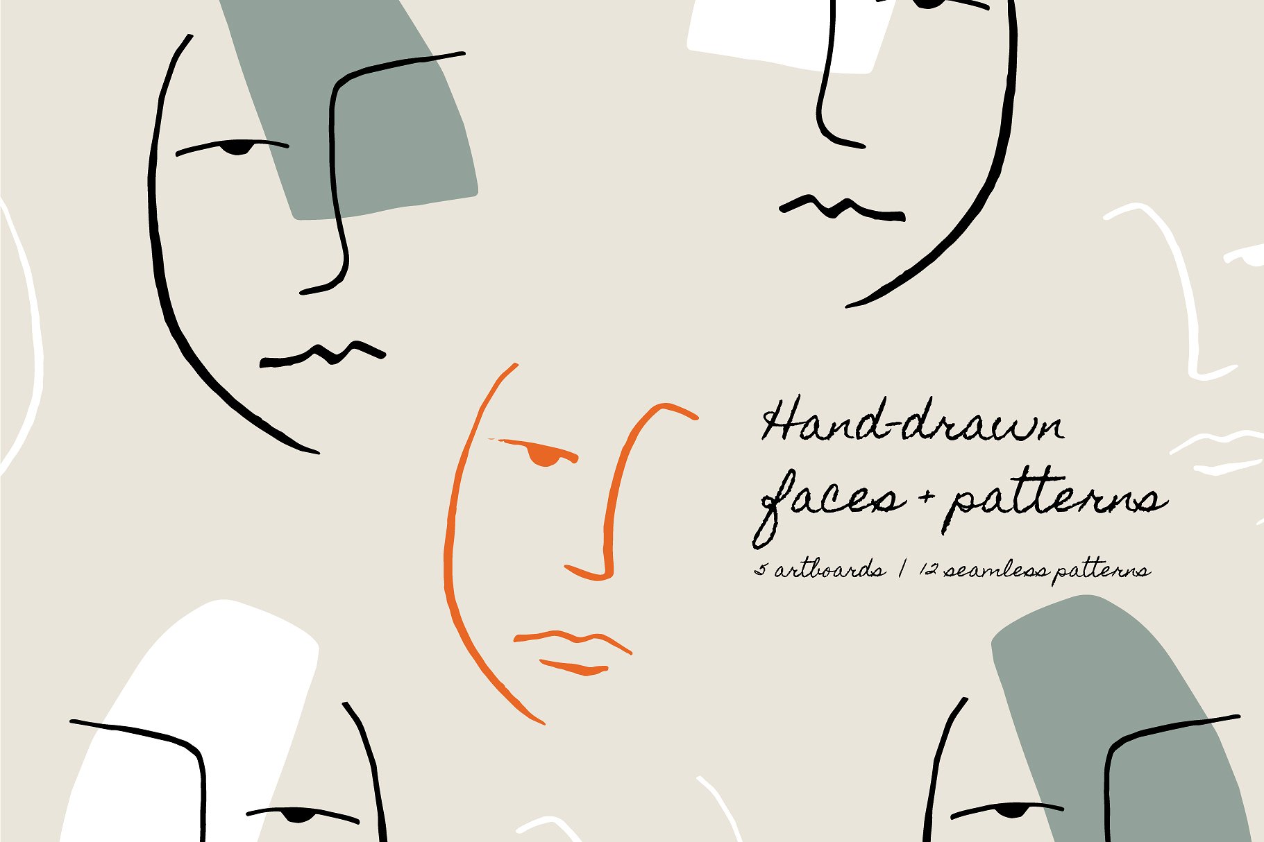 现代手绘人脸线条无缝背景 Hand Drawn Faces | Boards + Patterns插图