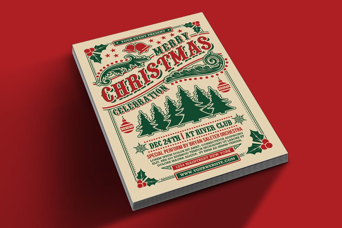 圣诞节庆祝活动复古海报传单设计模板 Christmas Celebration Flyer插图(1)