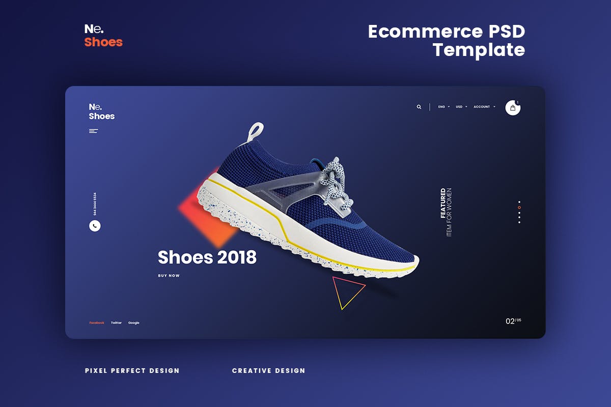 创意运动鞋品牌网站设计PSD模板 Ne.Shoes – Ecommerce PSD Template插图