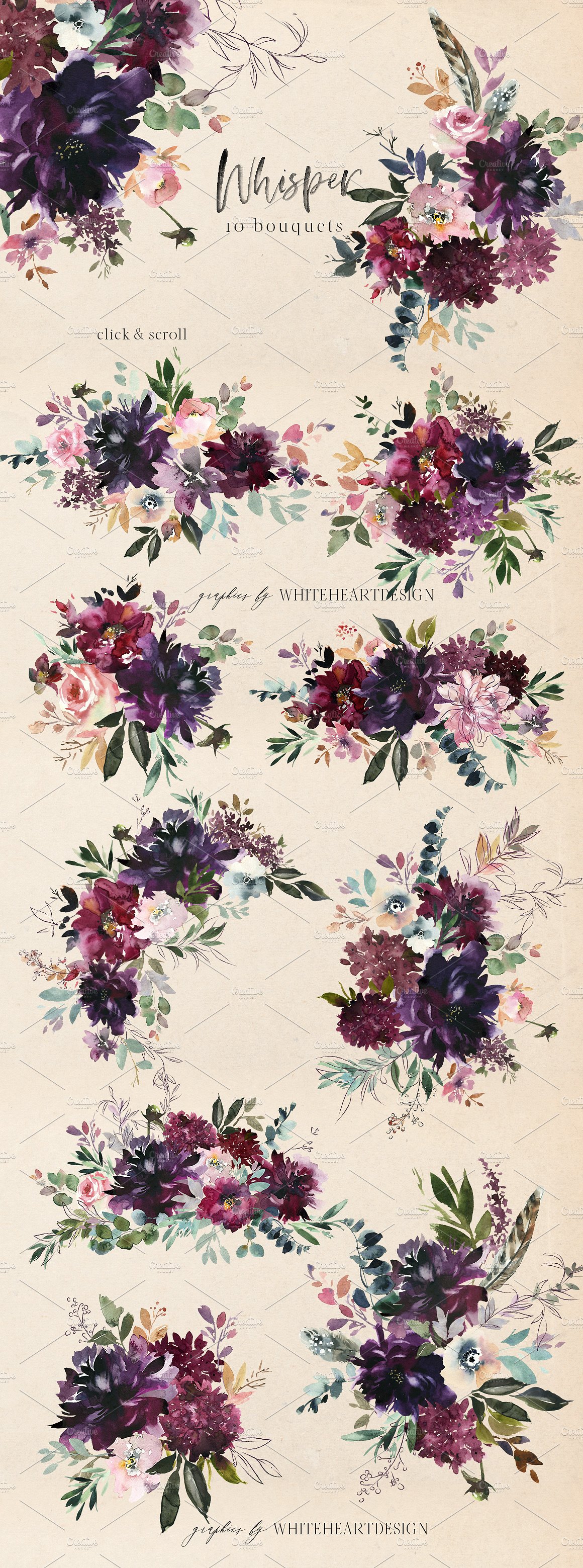 浪漫暗色调水彩花卉剪贴画 Whisper Watercolor Floral Clipart插图(1)
