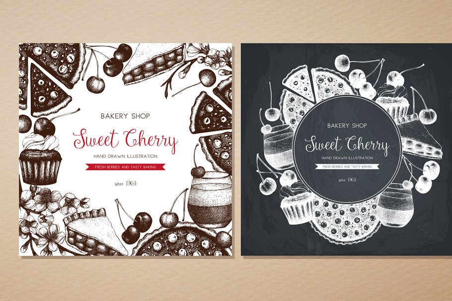 墨水手绘烘焙樱桃甜点矢量插图合集 Cherry Desserts & Baking Set插图(3)