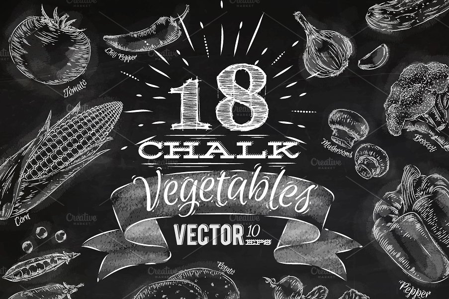 蔬菜粉笔画矢量插画 Vegetables chalk插图