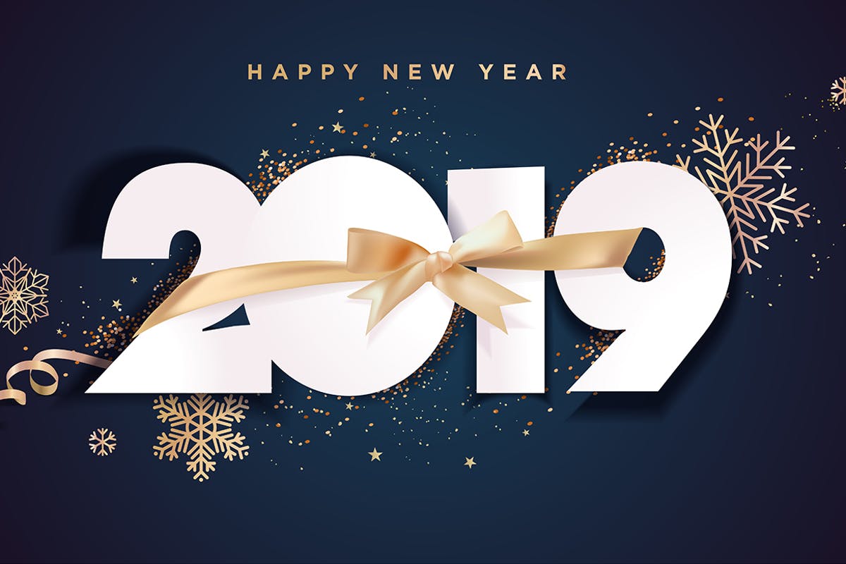 2019年新年礼品丝带装饰数字贺卡海报设计背景[白色版本] Business Happy New Year 2019 Greeting Card插图