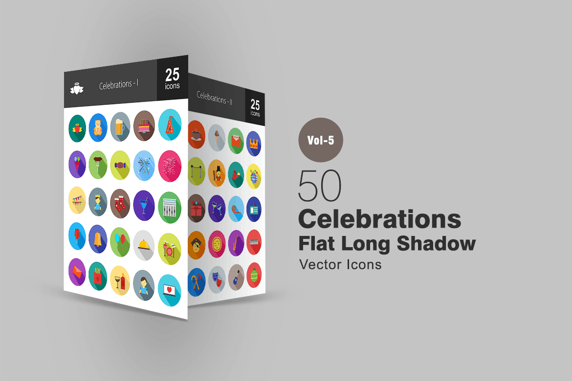 50枚节日庆祝主题长阴影圆形图标素材 50 Celebrations Flat Shadowed Icons插图