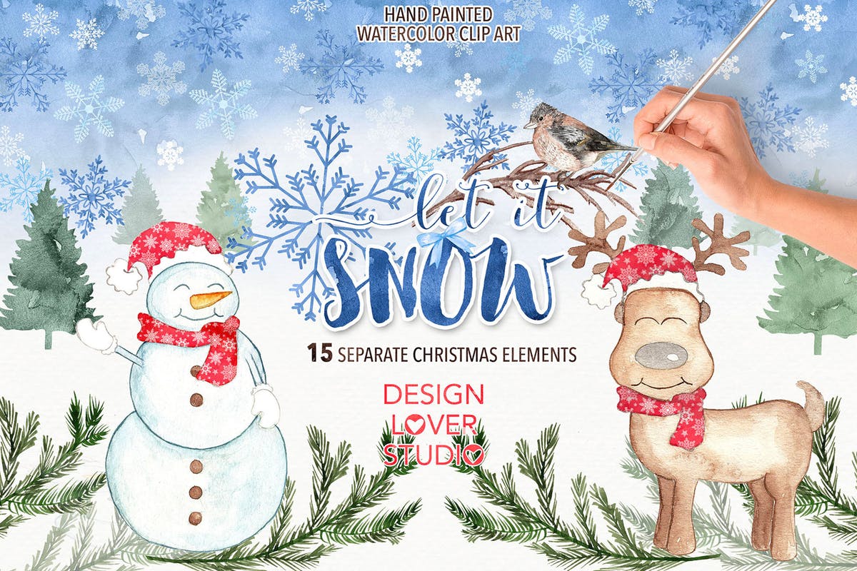 圣诞节主题雪人/麋鹿水彩插画设计素材 Watercolor “Let it snow” design插图