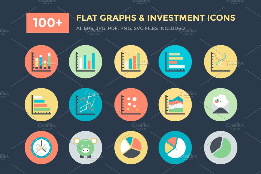 100+图表信息＆投资主题图标素材 100+ Flat Graphs and Investment Icon插图