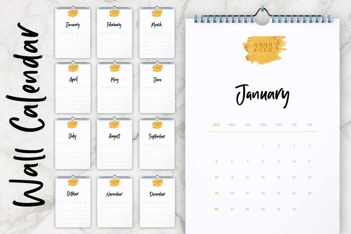 2020年超简约版式活页翻页日历设计模板 Wall Calendar 2020 Layout插图