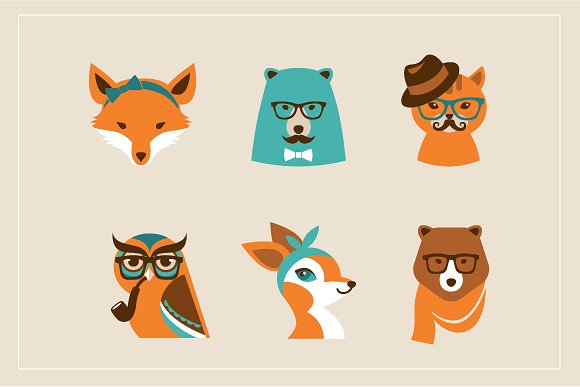 怪诞动物图标集 Hipster Animals & 22 icons插图(2)