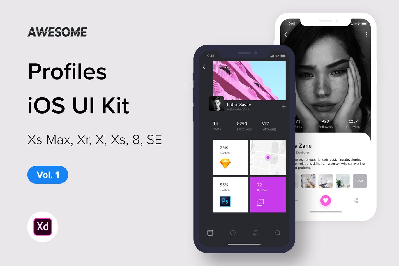 iOS手机社交APP应用软件UI设计套件XD模板v1 Awesome iOS UI Kit – Profiles Vol. 1 (Adobe XD)插图