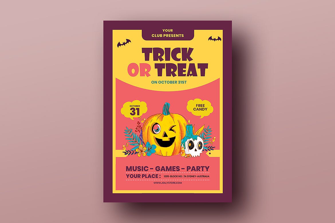 万圣节不给糖就捣乱节日活动宣传海报设计模板 Trick Or Treat Halloween Candy Festival Flyer插图