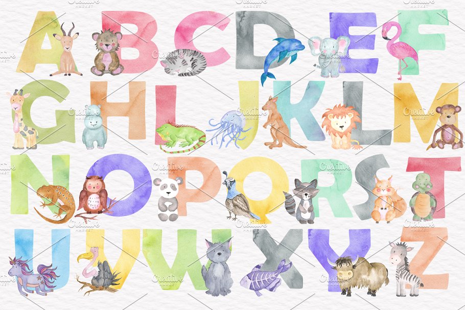 字母、可爱动物水彩图案&纹理 Alphabet Watercolor Animals Kit插图(1)