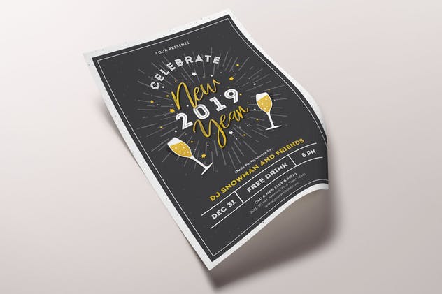 香槟图形新年祝酒会年会2019新年海报设计模板 New Year 2019 Flyers插图(3)