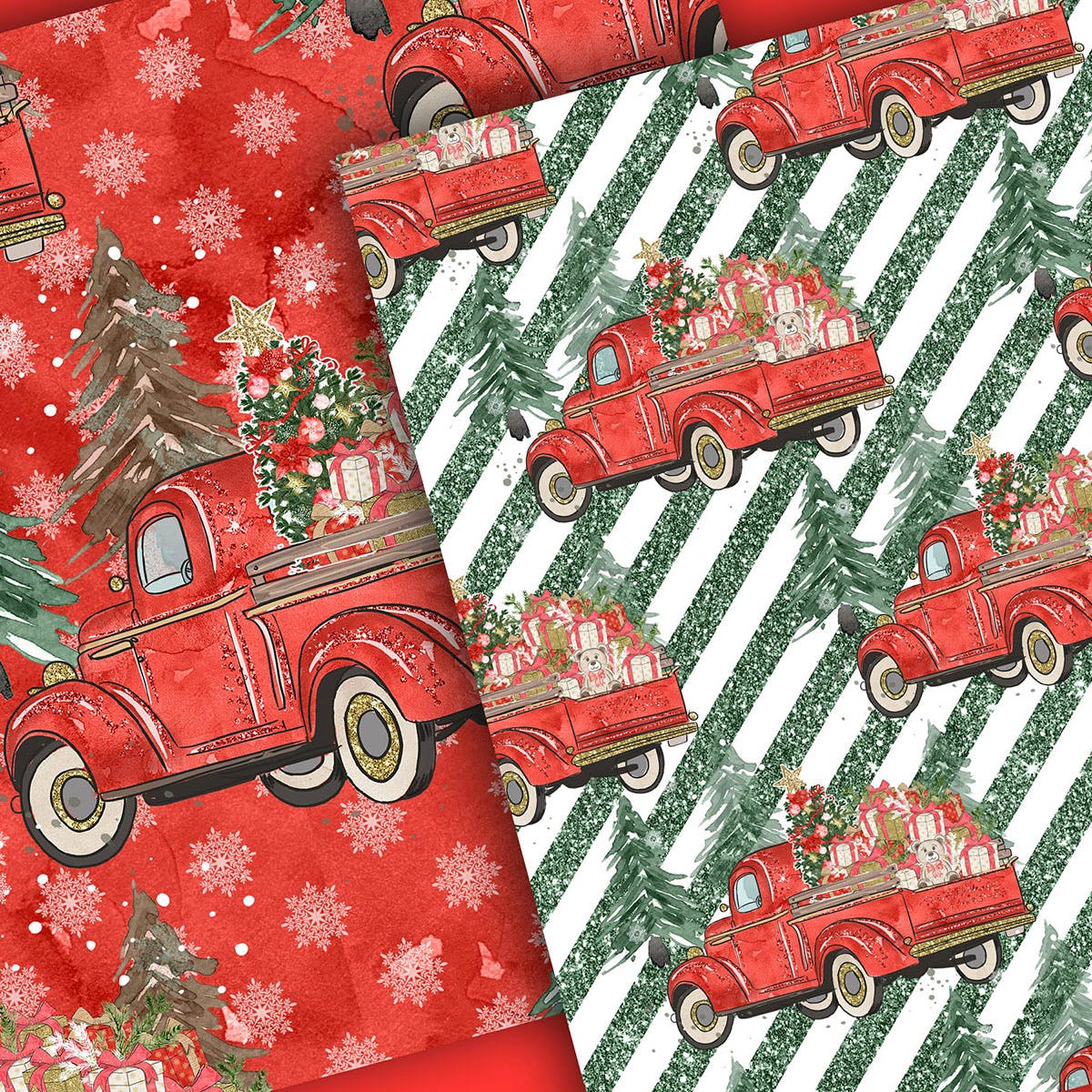 圣诞节礼物卡车手绘图案数码纸张背景素材 Christmas Car digital paper pack插图(1)