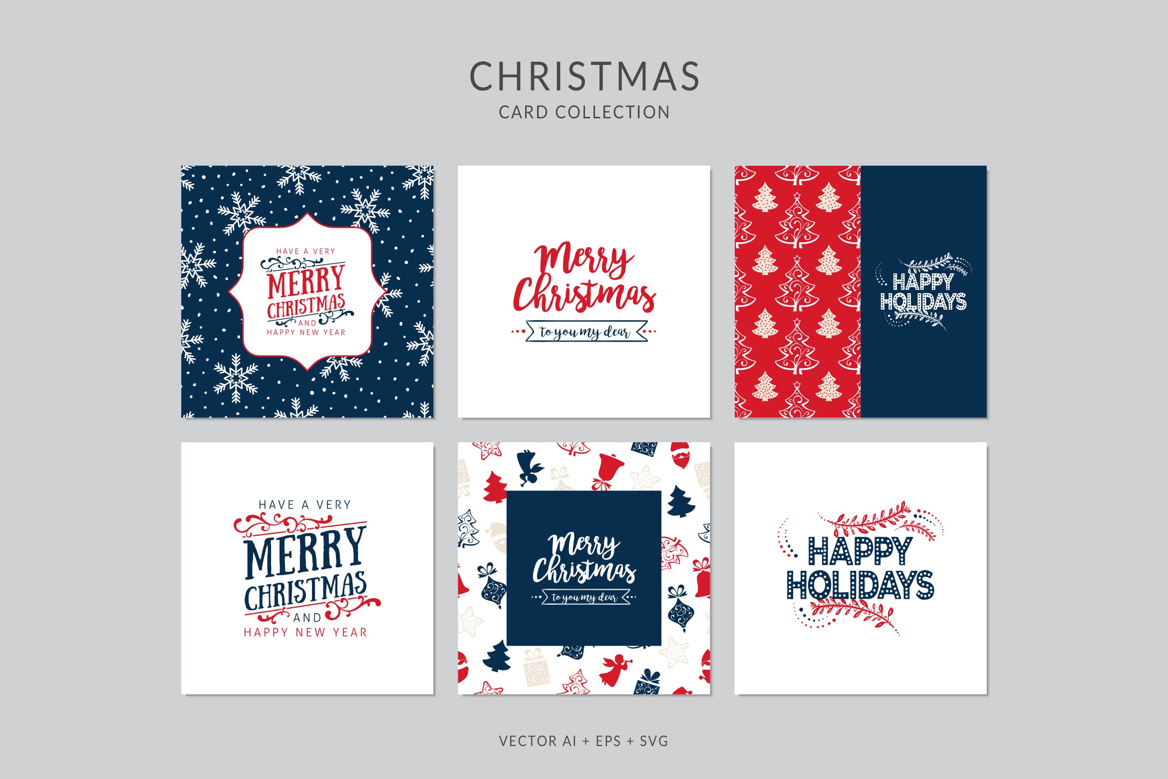 浓厚节日氛围圣诞节贺卡矢量设计模板集v2 Christmas Greeting Card Vector Set插图