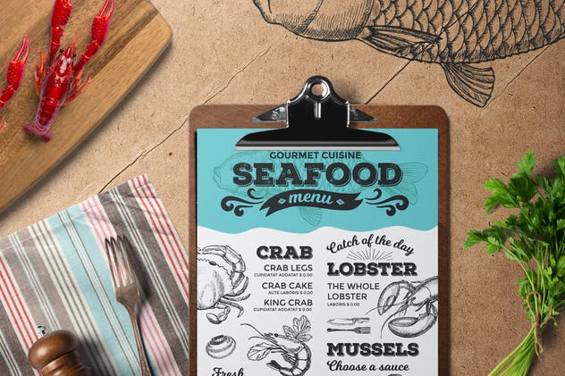 素描设计风格海鲜餐厅食物菜单模板 Seafood Menu Template插图(2)