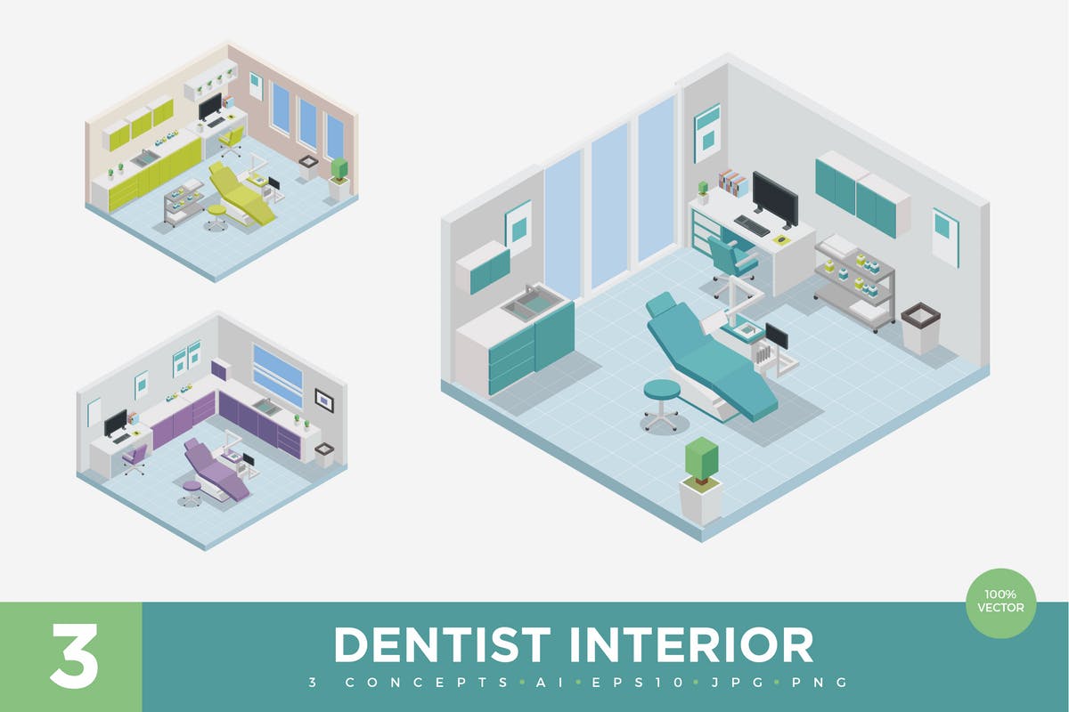 3款牙医诊所场景等距矢量插画 3 Isometric Dental Clinic Interior Vector Set 1插图