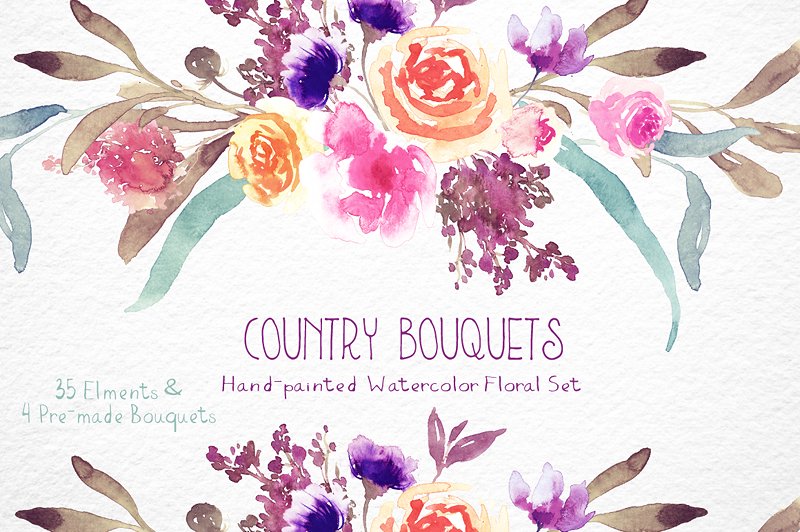 乡村水彩花束花卉剪贴画 Country Bouquets – Watercolor Floral插图
