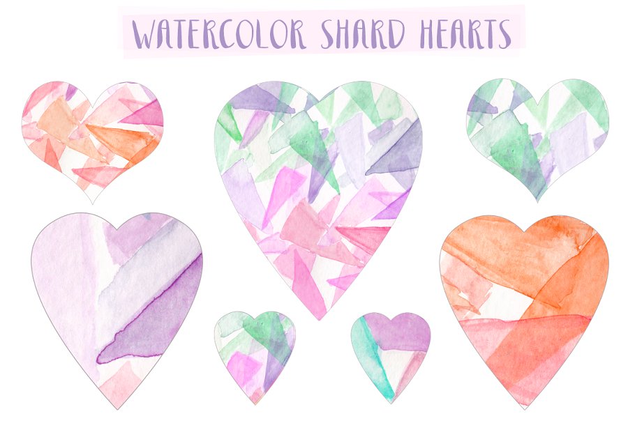 水彩手绘心形透明背景剪贴画 Watercolor Shard Hearts插图(1)