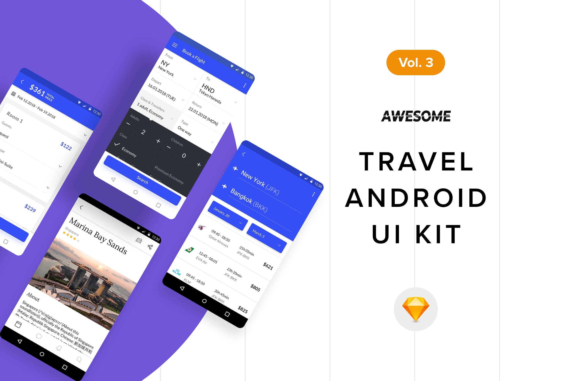 安卓平台旅游APP应用用户交互界面设计SKETCH模板v3 Android UI Kit – Travel Vol. 3 (Sketch)插图