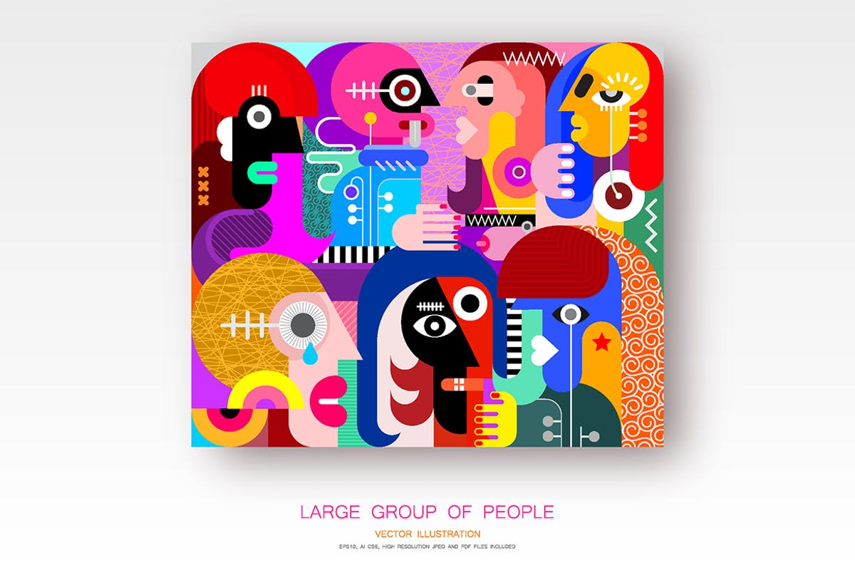 怪诞风格人群手绘插画 Large Group of People vector illustration插图
