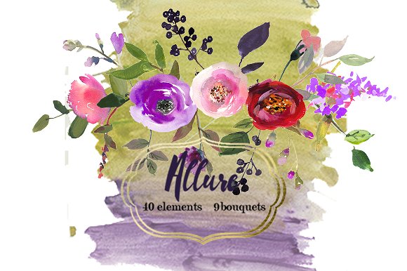粉色紫色水彩花卉剪贴画合集 Pink Purple Watercolor Flowers Set插图(9)