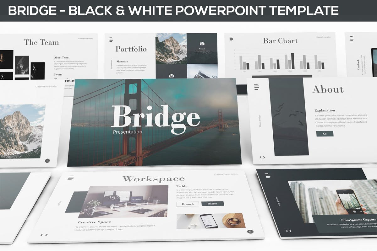 极简主义企业宣传PPT模板素材 Bridge – Black & White Powerpoint Presentation插图