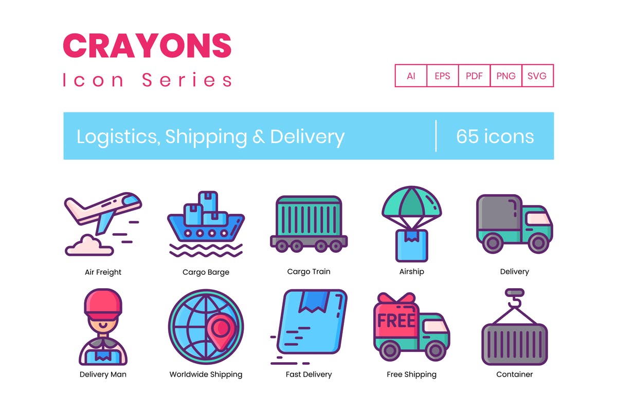 65枚蜡笔手绘物流与航运主题图标 65 Logistics & Shipping Icons | Crayons Series插图
