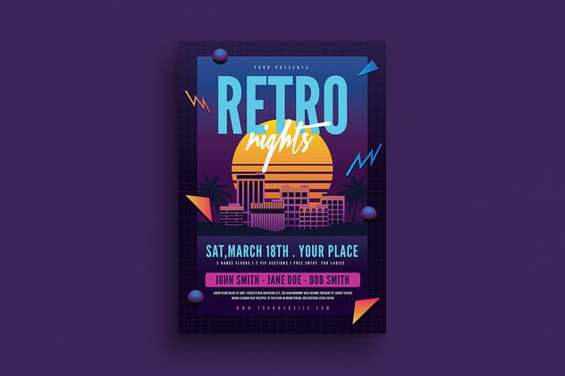 欧美80年代复古夜店风格海报设计模板 Retro Night 80s Flyer插图(1)