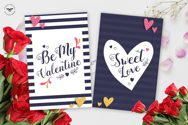 条纹风格情人节贺卡PSD模板 Valentines Day Greeting Card Template插图(1)