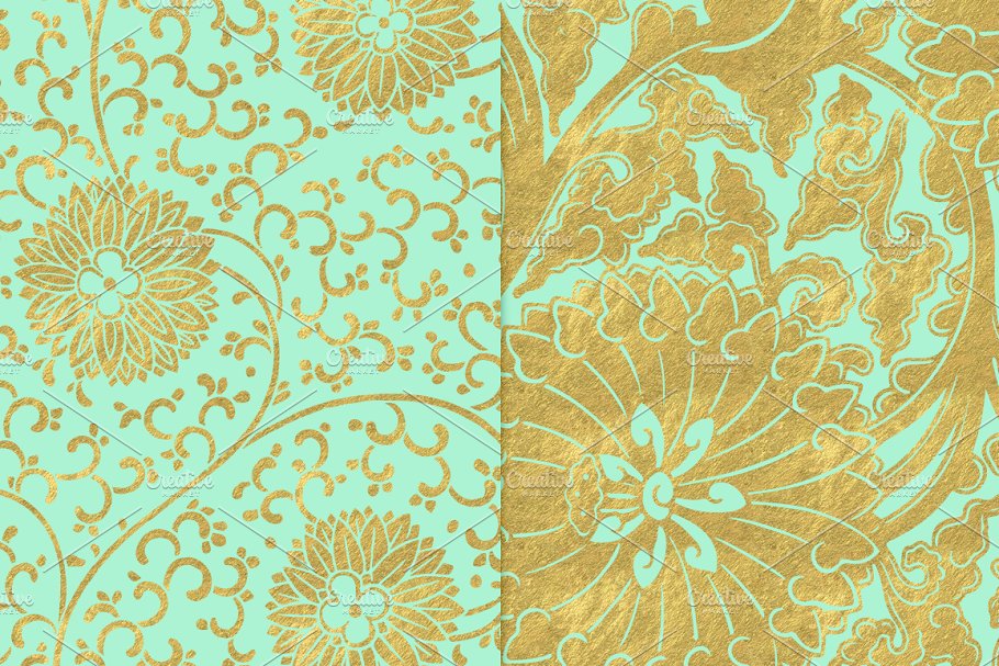 薄荷色和金色花卉背景 Mint and Gold Floral Backgrounds插图(2)