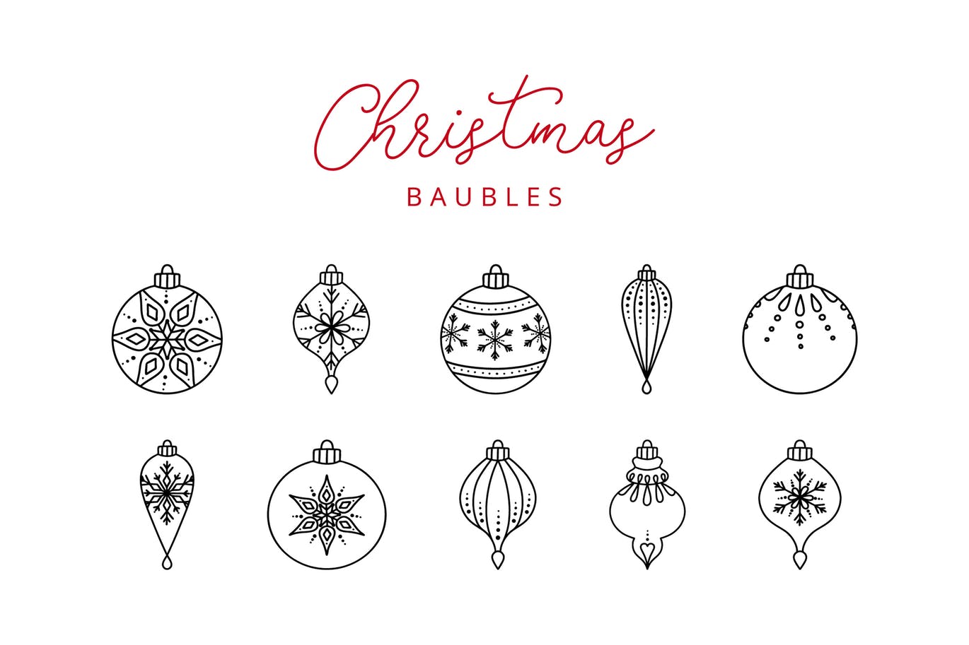 10枚圣诞装饰球线性图标素材 10 Christmas Ball Doodle Line Icons插图