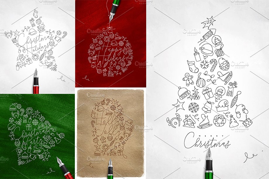 圣诞节节日主题设计插画素材合集 Christmas Holidays One Line插图(9)