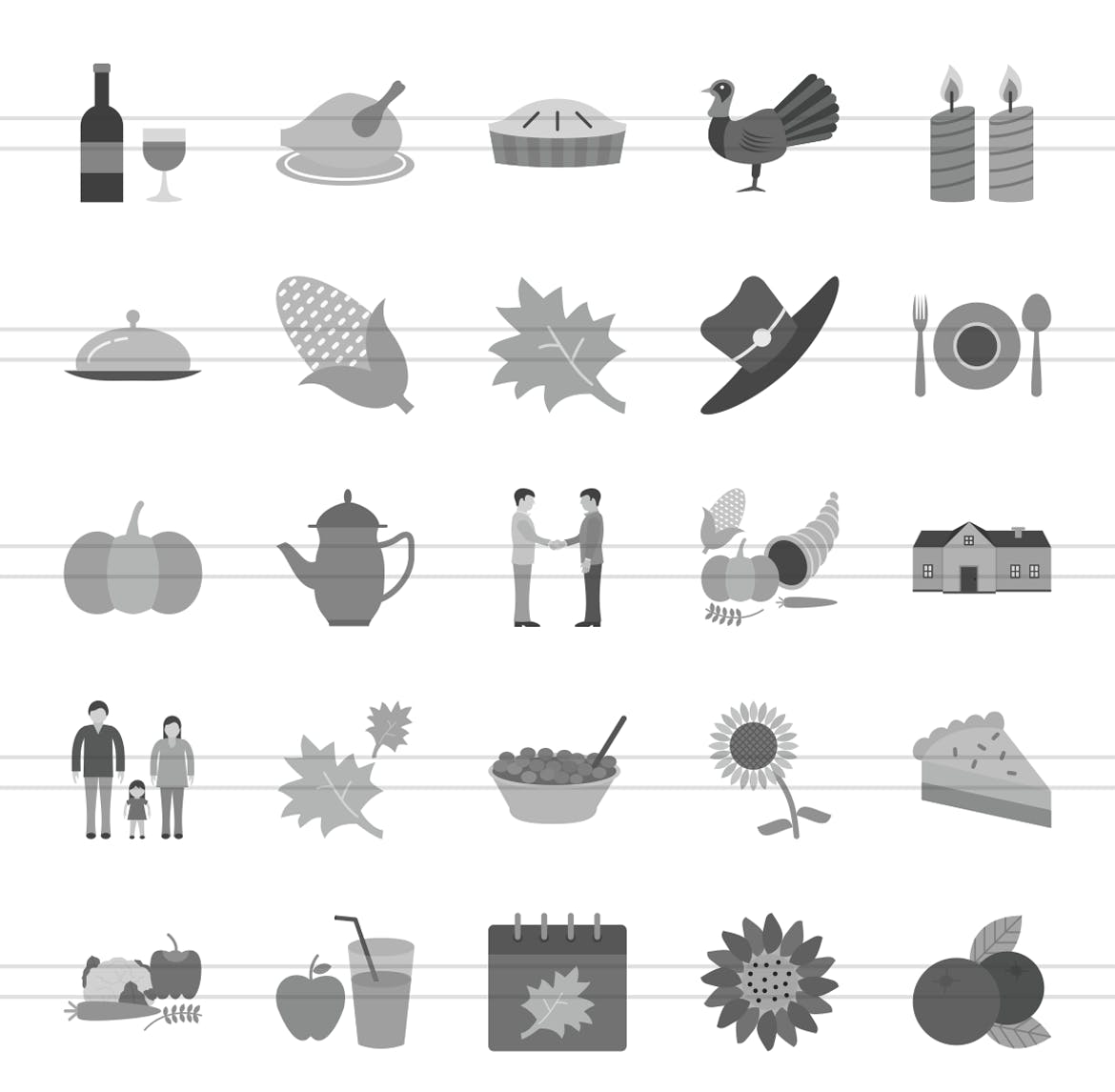 50个感恩节节日主题灰度图标设计素材 50 Thanksgiving Flat Greyscale Icons插图(1)