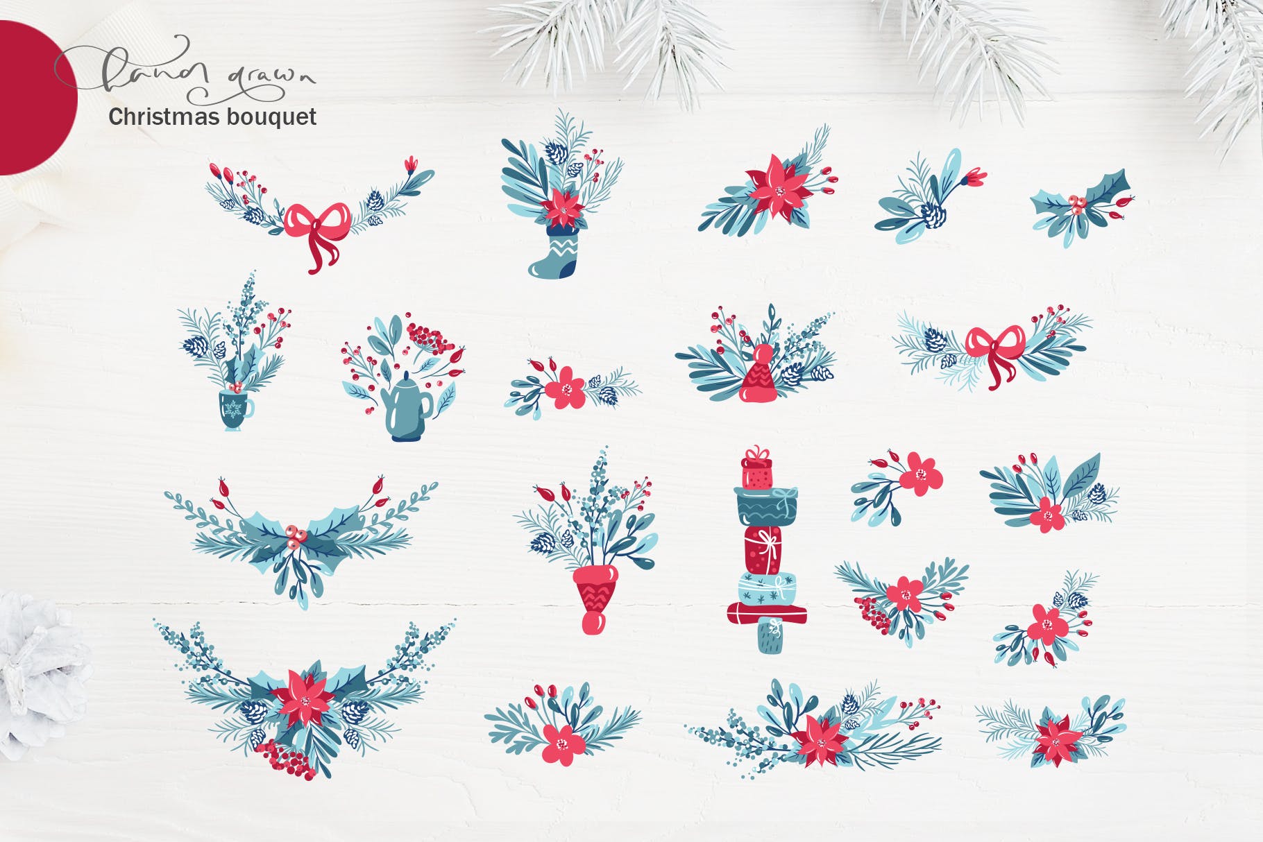 圣诞节主题元素水彩手绘设计素材 Christmas floral holiday elements插图(4)