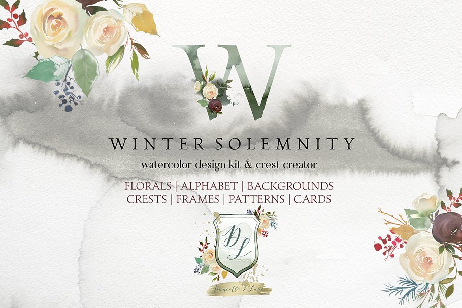 冬季花卉花饰相关设计工具包（剪贴画、纹理&装饰字母） Winter Solemnity Floral Design Kit插图