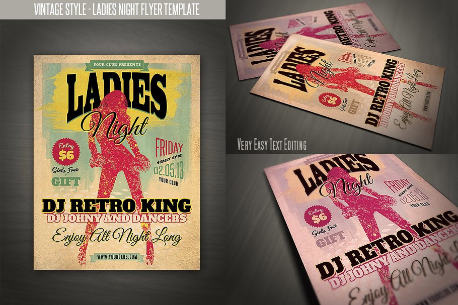 复古性感女郎人物海报设计模板 Vintage Style Ladies Night Flyer插图