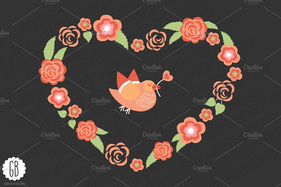 爱情花环玫瑰心形剪贴画 Love wreaths roses heart clip art插图(3)