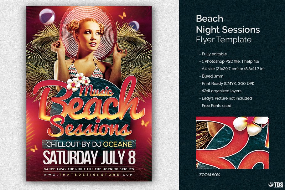 沙滩之夜海滩派对活动传单PSD模板 Beach Night Sessions Flyer PSD插图