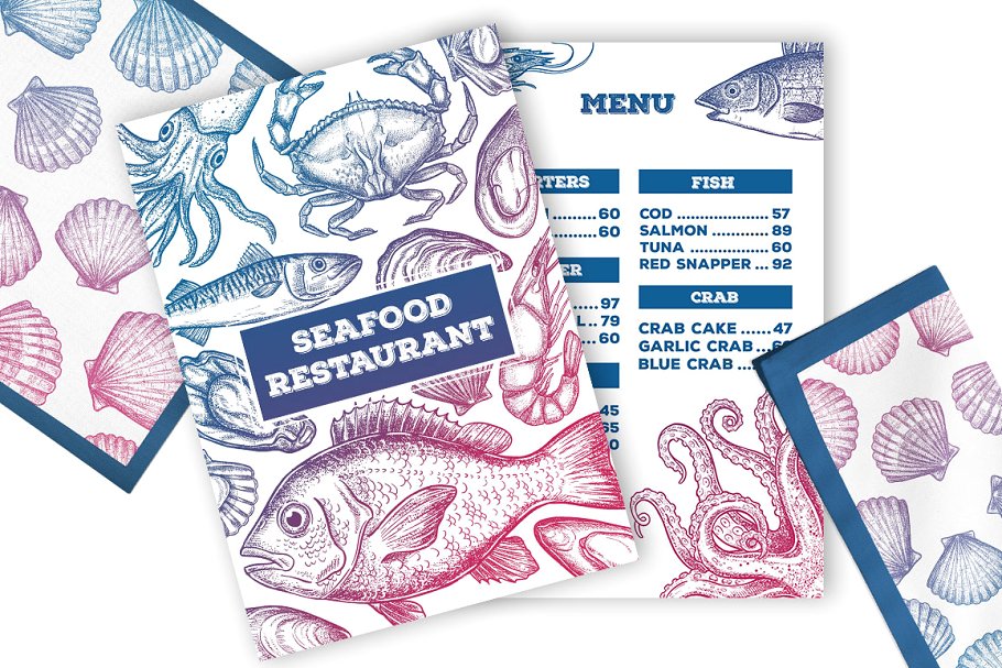 复古粗略风格的手绘海鲜插图合集 Seafood Illustrations插图(4)