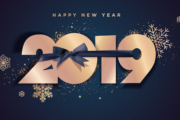 2019年新年礼品丝带装饰数字贺卡海报设计背景[铂金版本] Happy New Year 2019插图(1)