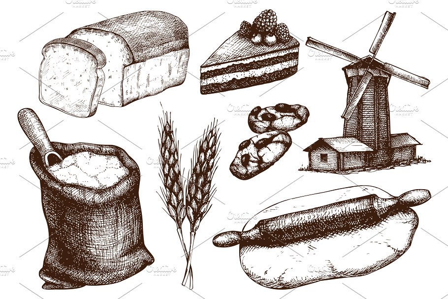 复古面包店手绘素描插画素材合集 Vintage Bakery Menu Designs & Sketch插图(6)