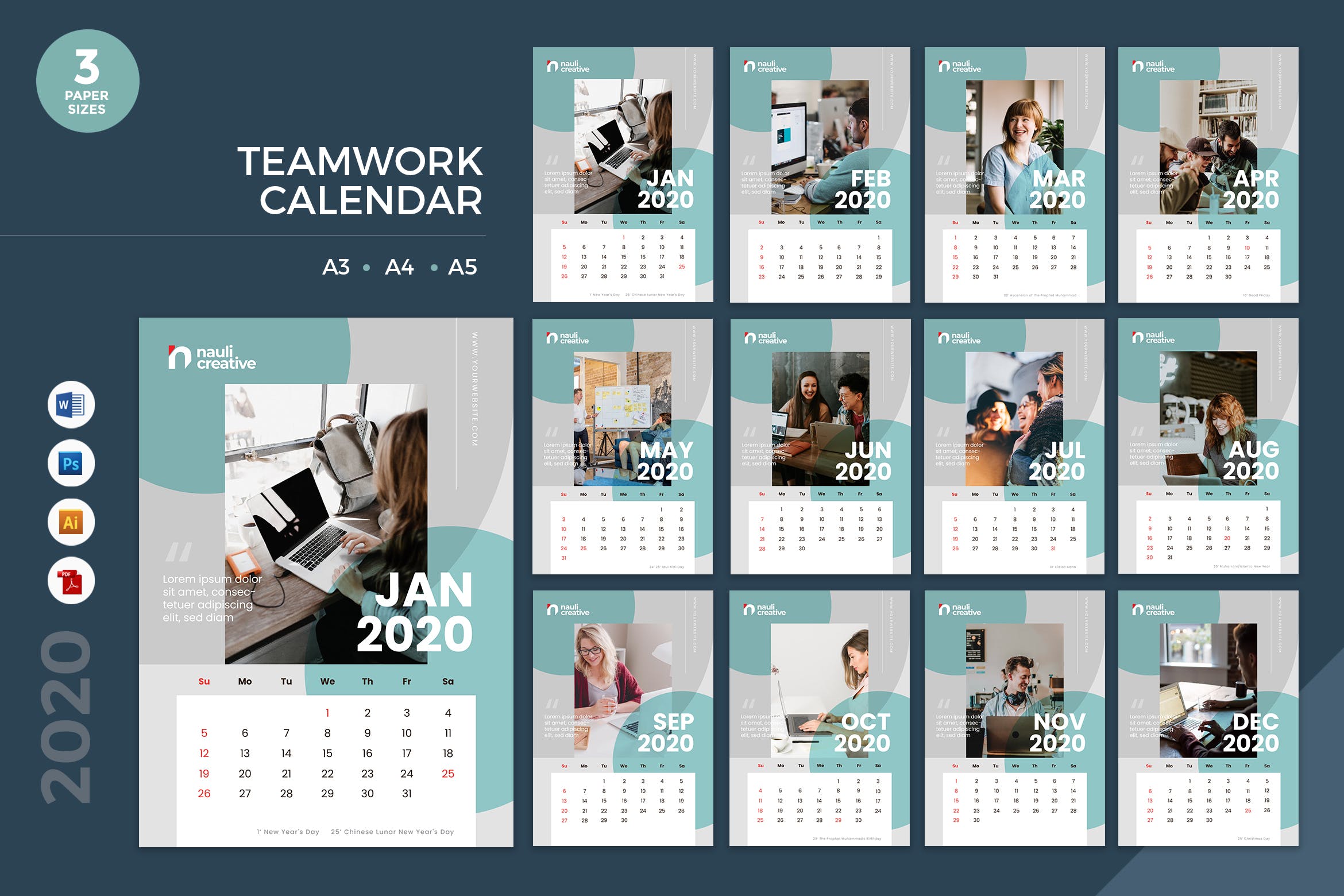 团队风采剪影2020年日历表设计模板 Teamwork Calendar 2020 Calendar – AI, DOC, PSD插图